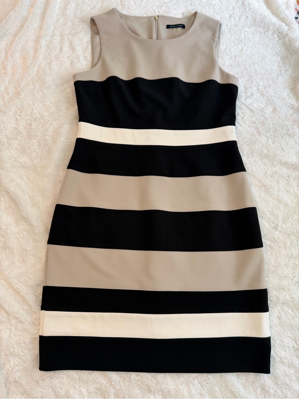 Tommy Hilfiger Sleeveless Black, Taupe & Cream Striped Midi Dress